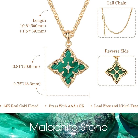 Gold Malachite Stone Clover Necklace - Picture 4 of 4